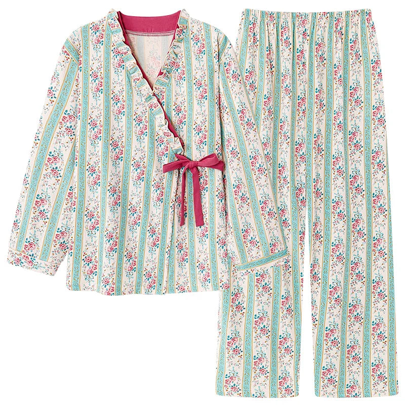 Spring Autumn V-Neck Pajamas Female Pajamas Sets Elegant Floral Japanese Kimonos For Women Big Yards M-4XL Cotton