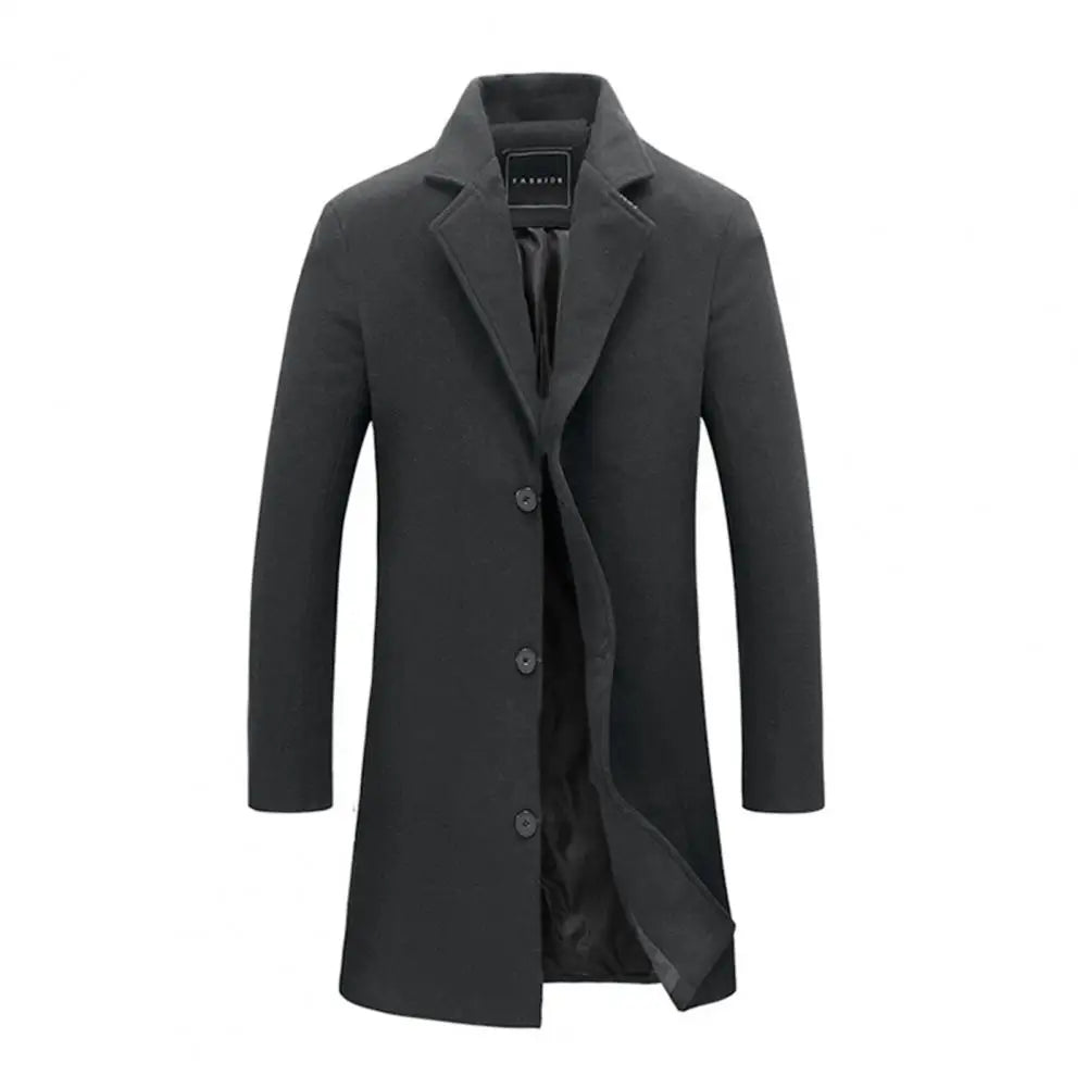 Breathable Woolen Coat Men's Woolen Coat with Formal Suit Collar Solid Color Mid-length Jacket for Office Business Outwear Lapel