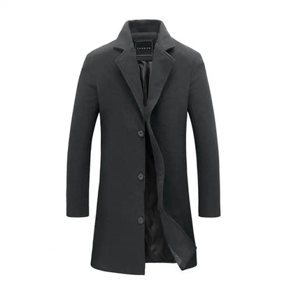 Breathable Woolen Coat Men's Woolen Coat with Formal Suit Collar Solid Color Mid-length Jacket for Office Business Outwear Lapel