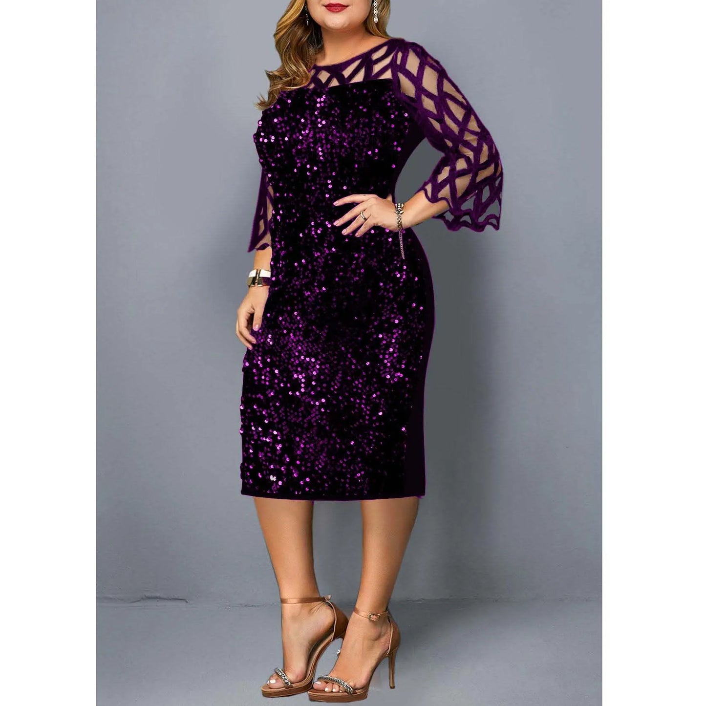 Elegant Sequin Plus Size 4XL 5XL Women Midi Dress Sexy Casual Evening Party Dress Gown Wedding Luxury Robe Rouge Vestidos