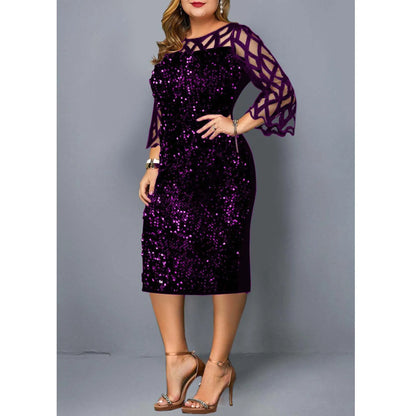 Elegant Sequin Plus Size 4XL 5XL Women Midi Dress Sexy Casual Evening Party Dress Gown Wedding Luxury Robe Rouge Vestidos