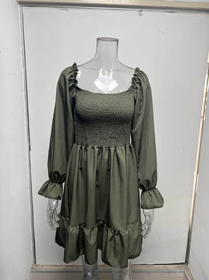 Women's Dress Simple Square Neck Solid Color Long Sleeve Dress Parallel Crepe Seam Body Bell Sleeves Ruffle Hem Dress Women