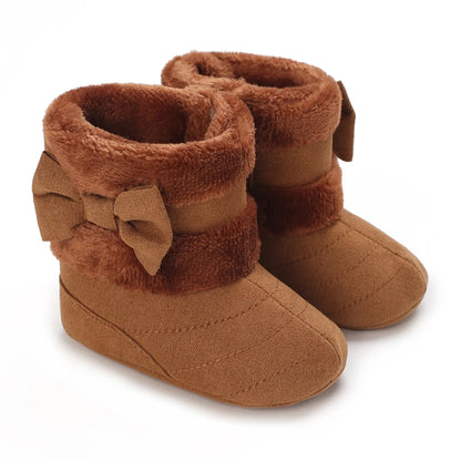 Cute Bowknot Comfortable Boots For Baby Girls Soft Warm Plus Fleece Boots For Indoor Walking Autumn And Winter