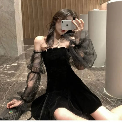 New 2025 Black Retro Dress Women Lace Chiffon Mini Dress Female High Street Sexy Korean Fashion Dress Women Club Dress
