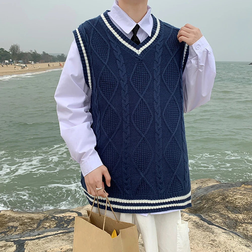 Men's Classic Contrast Color Thermal V-Neck Comfortable Cardigan Sleeveless Slight Stretch Solid Vest Simple Loose Waistcoat Tops