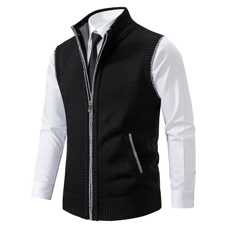 Vest Men Knitted Sleeveless Sweater Jacket Wool Velvet Zipper Cardigan Turn-down Pullovers Turtleneck Sweater coat Knit Waistcoat