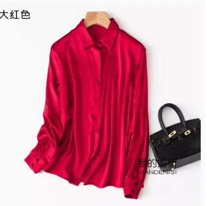 Tajiyane Women's 93% Mulberry Silk 7% Spandex 19 momme satin Silk Buttons long sleeve shirt Top Blouse office work chemise femme