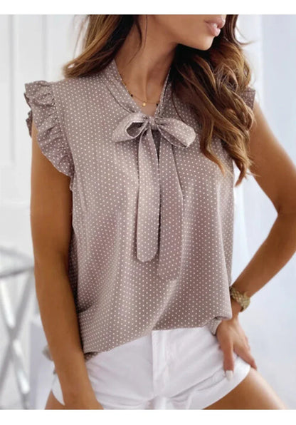 Summer Women Elegant Ruffles Sleeveless Polka Pot Lace Up Tie Bow Blouses and Shirts Casual Oversize Tops Sexy Pullover Tunic