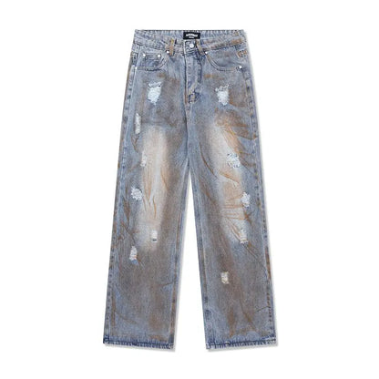 Men's trousers summer thin tie-dyed ripped jeans men's loose straight washed distressed high street American men's trousers