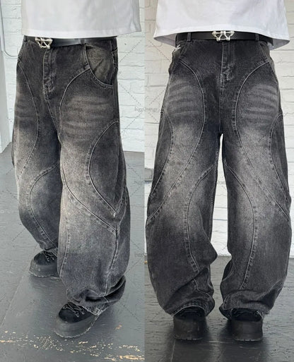 New High Street Gothic Punk Dark Trousers Y2K Harajuku Retro Washed Distressed Baggy Jeans Men Street Fashion Straight Leg Pants