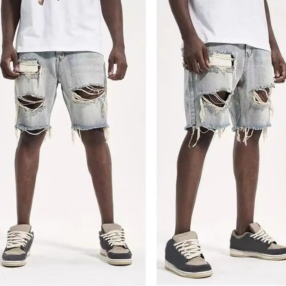 Ripped Holes Denim Shorts boy's Summer Distressed Denim Shorts Stylish Button Fly Multi-pocket Design Slim Fit for Youthful