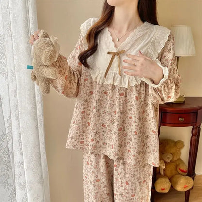 Pajama Sets Women Comfortable Daily Print Design Sweet Autumn Popular Attractive Ulzzang V-Neck Students Holiday Elegant Trendy