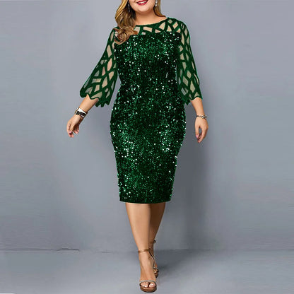 Elegant Sequin Plus Size 4XL 5XL Women Midi Dress Sexy Casual Evening Party Dress Gown Wedding Luxury Robe Rouge Vestidos
