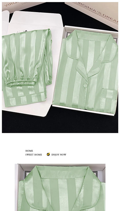 Women's Pajamas Sets Spring Autumn 2 Piece Striped Pajama Faux Silk Satin Sleepwear Long Sleeve Button Pajama Mujer Pjs Home wear