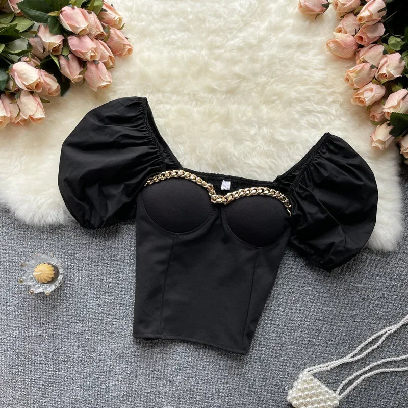 Belly Button Shirt Chic Chain Off Shoulder Expose Clavicle Tank Top Summer Puff Sleeve Crop Tops Women Elegant Sexy Slim Blouses