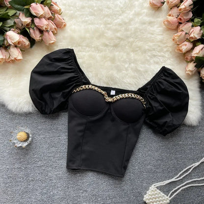 Belly Button Shirt Chic Chain Off Shoulder Expose Clavicle Tank Top Summer Puff Sleeve Crop Tops Women Elegant Sexy Slim Blouses