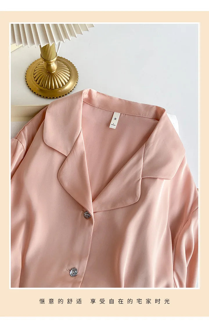 Spring Autumn Female Pajamas Trouser Set Luxury Feather Pink Bride Wedding Sleep wear Gift Sexy Loose Satin Home Wear Lounge wear