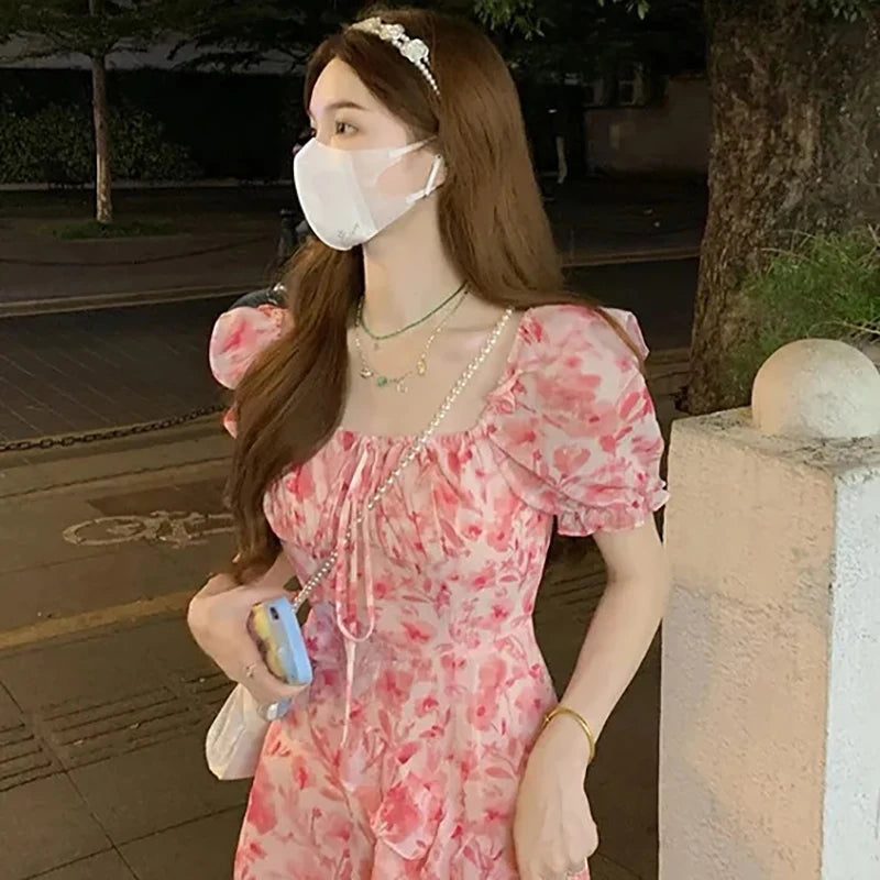 Short Sleeve French Elegant Dress Beach Floral One Piece Beach Midi Dress