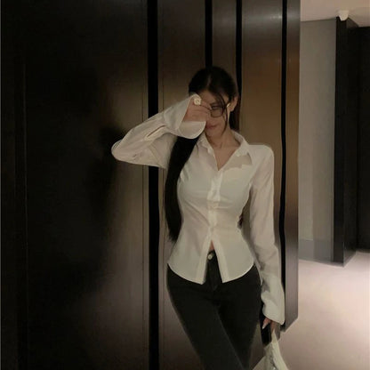 Fashion Women Bandage Shirts Korean All Match Streetwear Female Slim Blouse Spring Casual White Bell Sleeve Shirt New