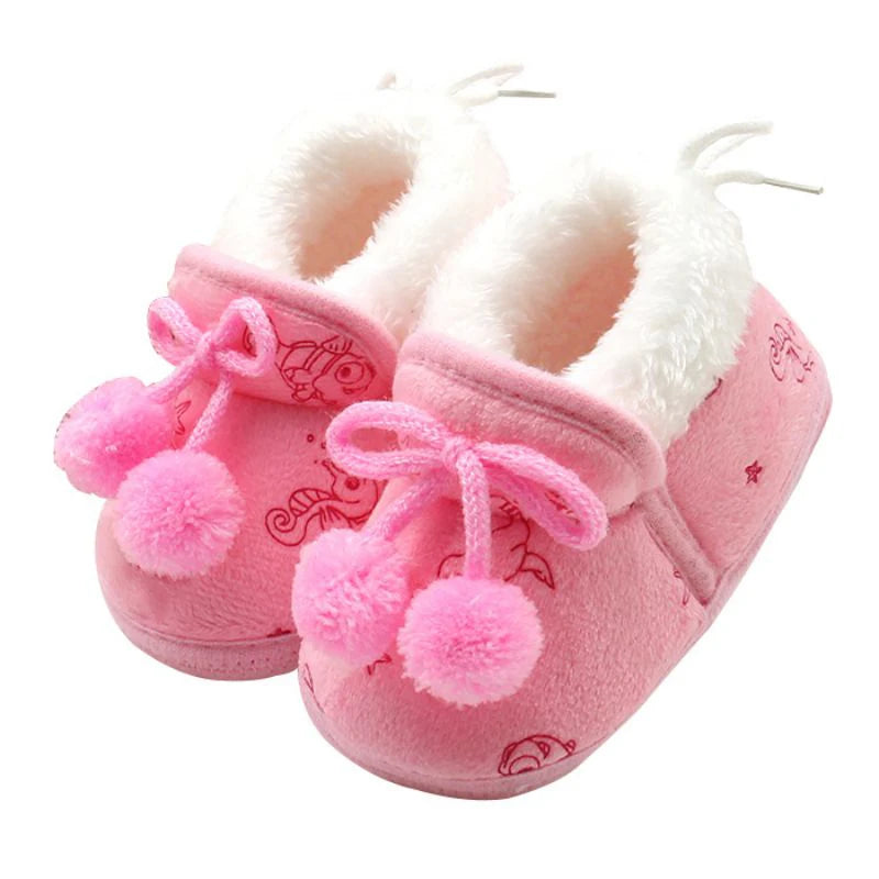 Winter Snow Baby Boots Faux Fur Warm Fluff Balls Indoor Cotton Soft Sole Infant Newborn Toddler Baby Shoes 0-18M