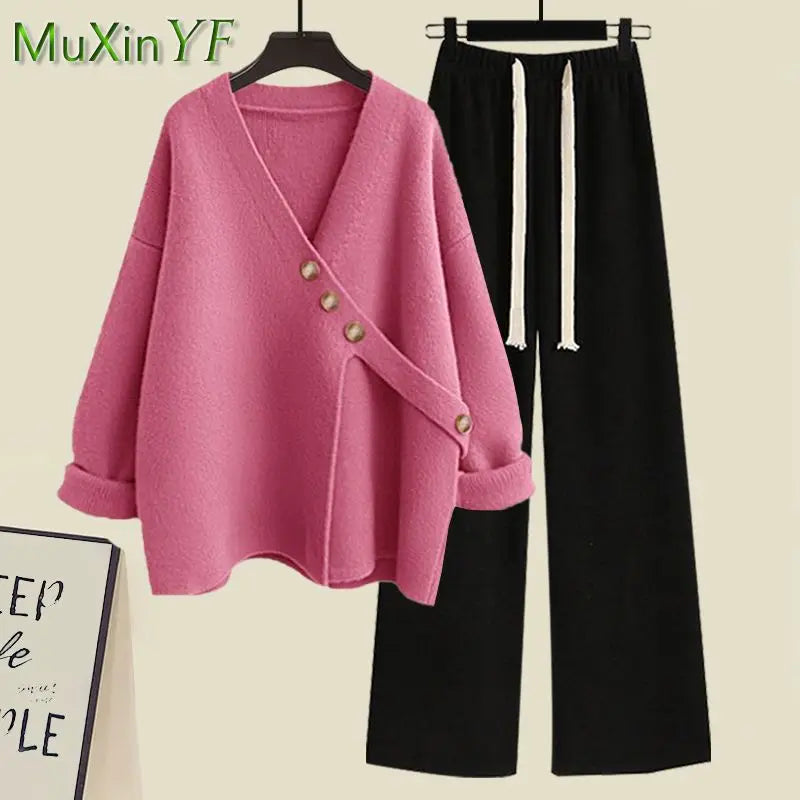 Women's Spring Autumn New Casual Matching Set Korean Elegant Irregular Knit Sweater+ Loose Wide Leg Pants Two Piece Female Suit