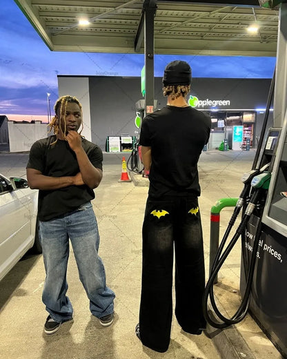 American Style Baggy Oversized Jeans Y2K Harajuku Retro Hip-hop Streetwear Gothic Bat Pattern Casual Straight Wide-leg Pants Men