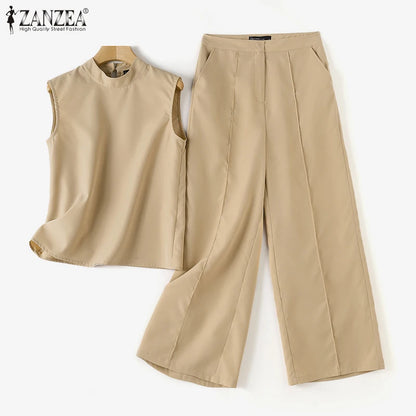 Elegant Chic Women 2-Pieces Sets ZANZEA Woman 2025 Trouser Suits Fashion 2pcs Outfits Tank Top and Wide Leg Pant Suits Oversize