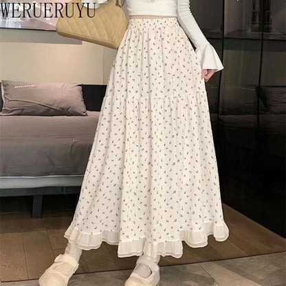 Summer White Floral Long Skirt Womens Y2k Clothes Fashion Elastic High Waist Casual Elegant Spliced Gauze Skirts for Women 2025