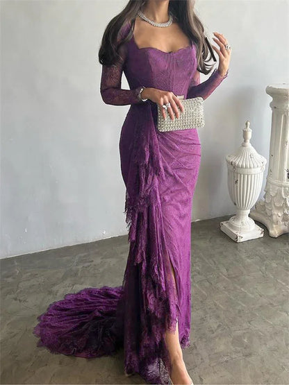 2025 Women's Ruffled Lace Evening Dress Solid Color Square Neck Long Sleeve Skinny Maxi Dress Wrap Hip Party Gowns