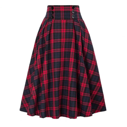 Loose Fit Skirt Elegant Retro Ruffle Maxi Skirt with Color block Plaid Print Soft Pockets for Women High Elastic Waist for Party