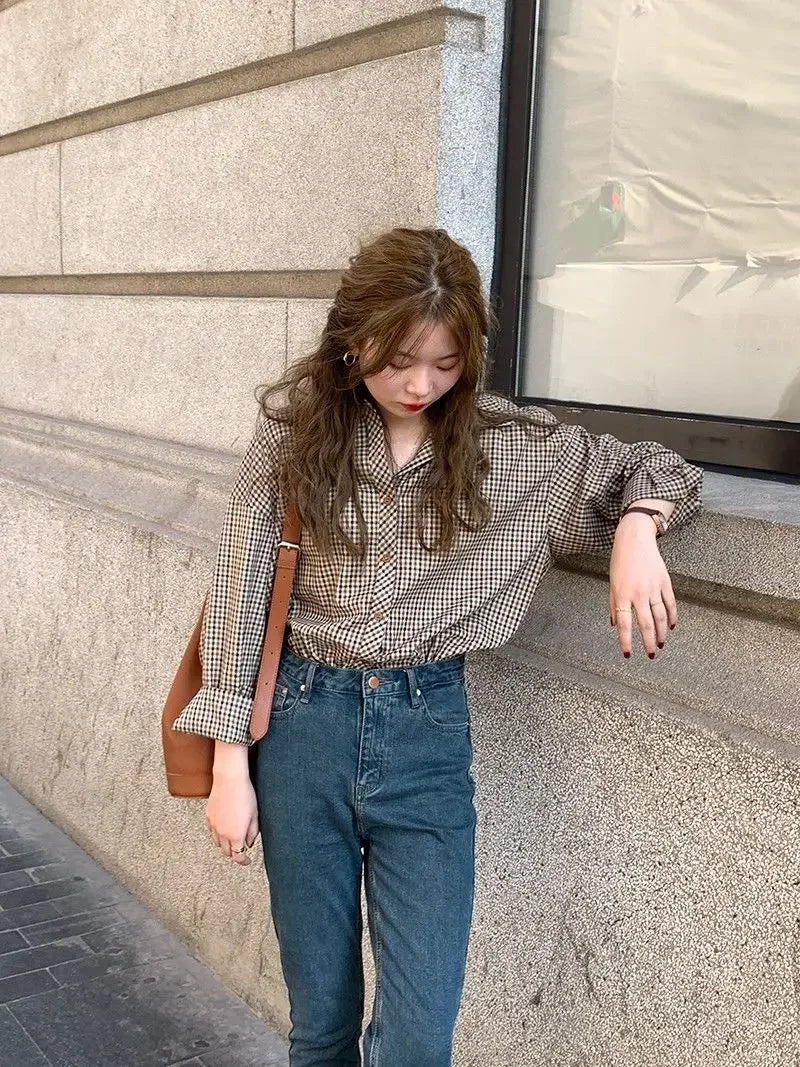 Plaid Shirts Women Retro Turn-down Collar Blouses All-match Straight Hong Kong Style Button Up Elegant Long Sleeve Outwear Femme