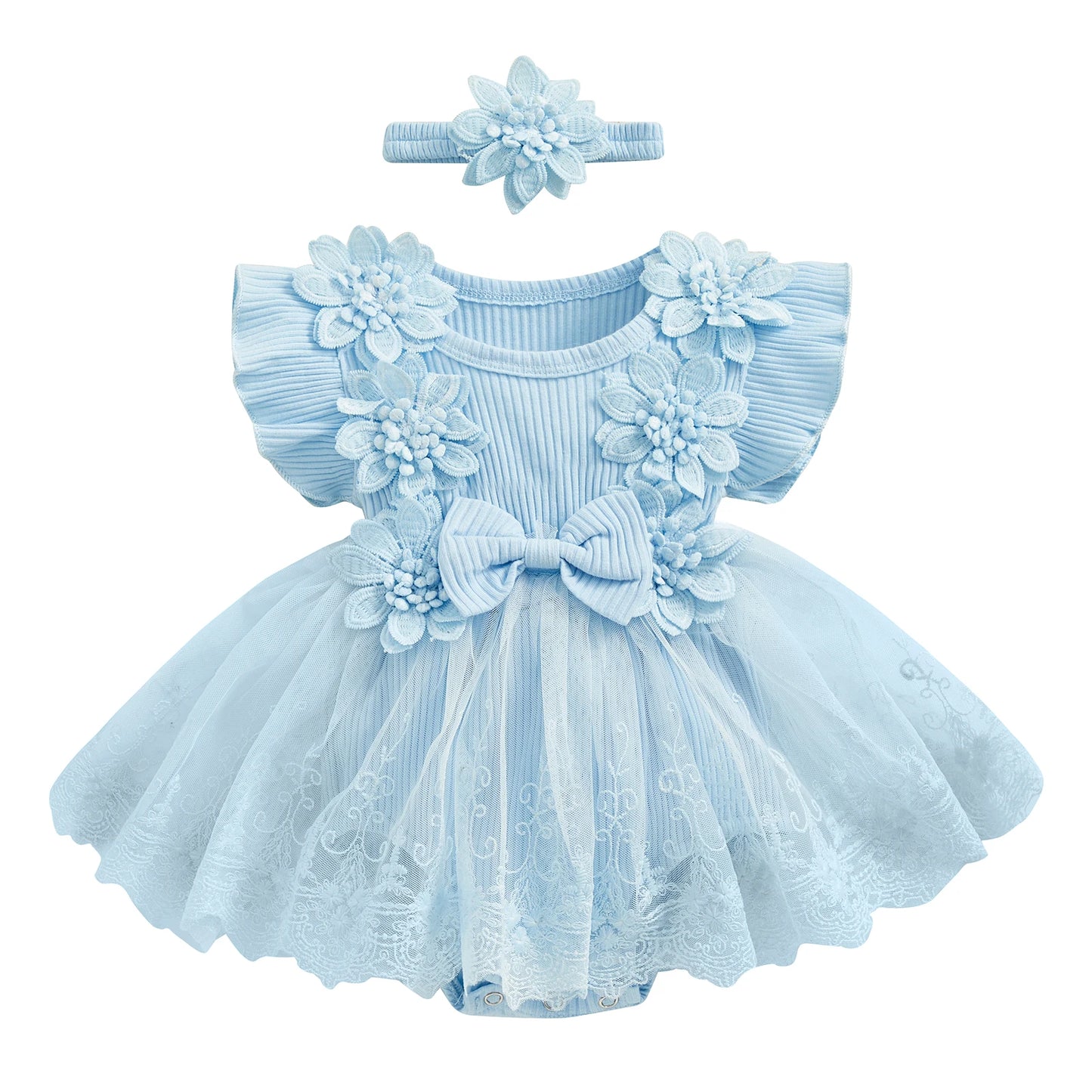 Baby Girl 2 Piece Outfits Mesh Lace Patchwork Ruffle Romper Dress and Headband Cute Fashion Summer Clothes