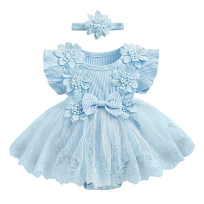 Baby Girl 2 Piece Outfits Mesh Lace Patchwork Ruffle Romper Dress and Headband Cute Fashion Summer Clothes