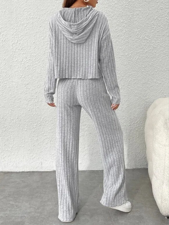 Spring Autumn Women's New Solid Color Casual Knitted Striped Hooded Sweatshirt Loose Long Sleeved Long Pants Two-piece Set