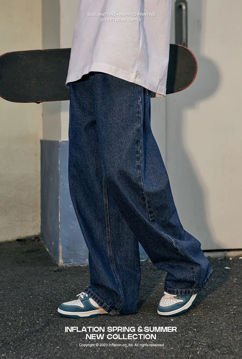 INFLATION Brown Retro Washed Denim Pants Unisex Classic Straight Leg Jeans Male Trouser Plus Size