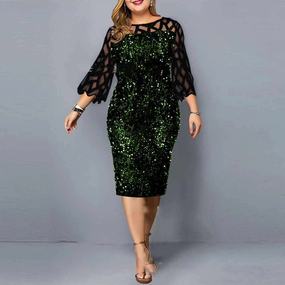 Elegant Sequin Plus Size 4XL 5XL Women Midi Dress Sexy Casual Evening Party Dress Gown Wedding Luxury Robe Rouge Vestidos