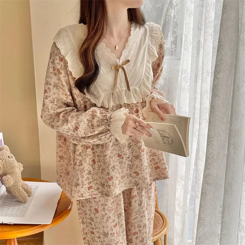 Pajama Sets Women Comfortable Daily Print Design Sweet Autumn Popular Attractive Ulzzang V-Neck Students Holiday Elegant Trendy