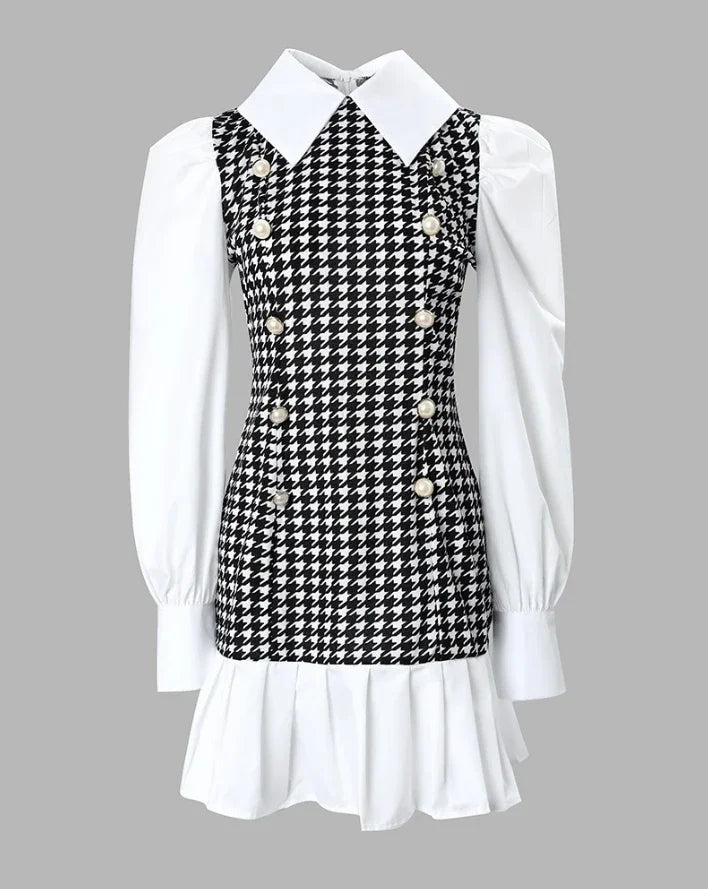 Women's Dresses 2025 Spring Fashion Houndstooth Button Decor Puff Sleeve Ruffle Hem Elegant Turn-Down Collar Daily A Line Dress