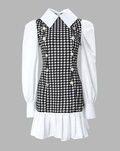 Women's Dresses 2025 Spring Fashion Houndstooth Button Decor Puff Sleeve Ruffle Hem Elegant Turn-Down Collar Daily A Line Dress