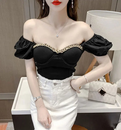 Belly Button Shirt Chic Chain Off Shoulder Expose Clavicle Tank Top Summer Puff Sleeve Crop Tops Women Elegant Sexy Slim Blouses