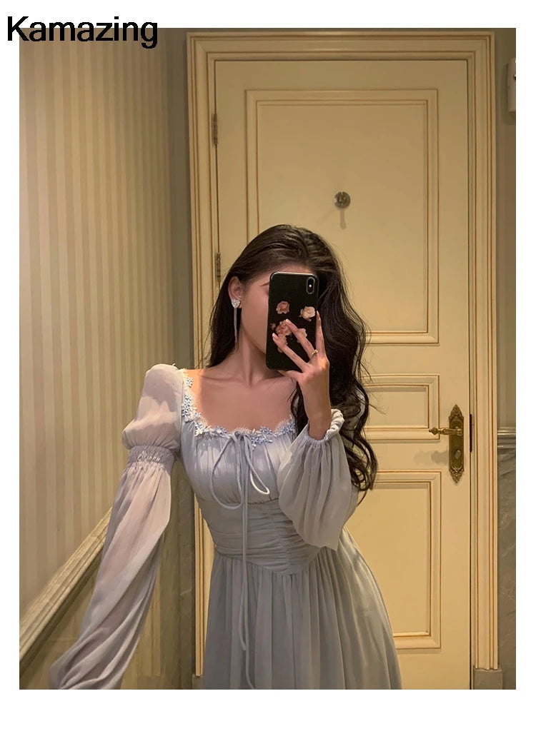 Elegant Square Collar Lace Dress Princess Evening Party Midi Dresses Women Autumn High Waist A-line Prom Robe One Piece Vestidos