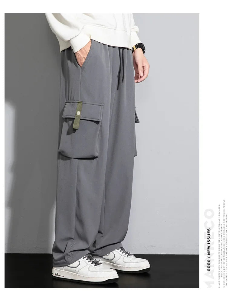 2025 Cargo Pants Men Straight Fit Wide Leg Fleece Lined Trouser Male Winter Fashion Loose Baggy Large Plus Size Warm Streetwear