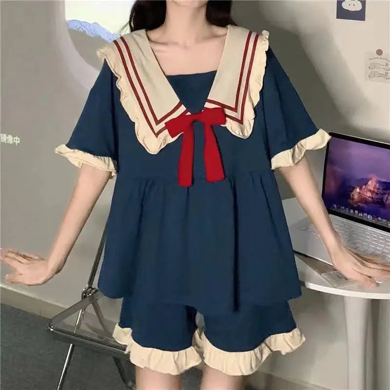 Pajamas Two-Piece Female Spring and Summer New Short-Sleeved Princess Navy Wind Sweet and Cute Students Cartoon Ladies Home wear