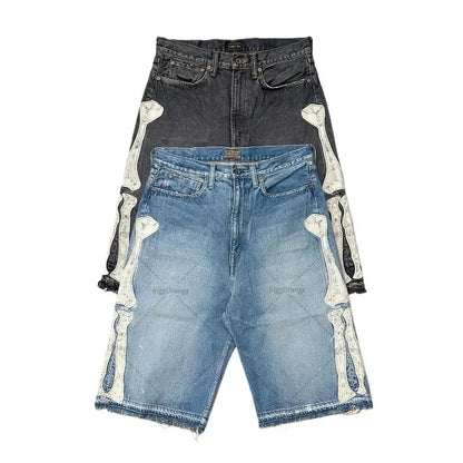 2025 European and American Summer Retro Skeleton Denim Shorts Sports Casual Shorts New Couple Wear Street Wear Five-Fifth Pants