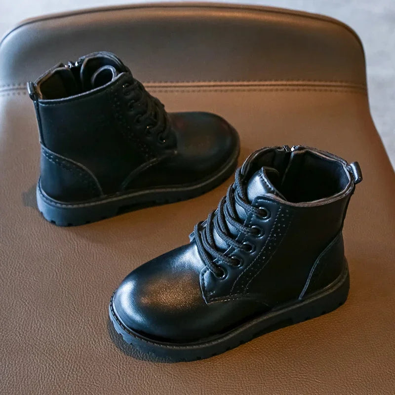 Kids Casual Boots PU Leather Black Zipper for Boys Girls Cross-tied Children Ankle High Boots Anti-skid Round Toes Soft Quality