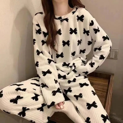 2025 Autumn Winter Warm Flannel Women Pijamas Sets Thick Coral Velvet Long Sleeve Cartoon Sleepwear Thin Flannel Pajamas Set