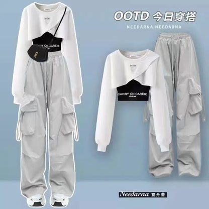 Spring and Autumn Set Women's 2025 Korean Loose Fashion Top Casual Work Pants Age Reducing Three Piece Set