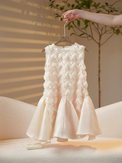 2025 Girls New High-end Dress Costumes Formal Clothes Beige Summer Matching Clothes White Short Sleeves Princess Party Wedding