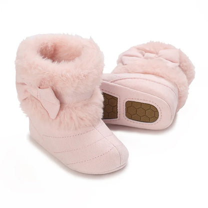 Baby Girl Boots Cute Bowknot Crib Shoes Infant Winter Warm Plush Boots First Walker Shoes with Non-Skid Soles