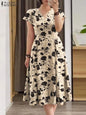 ZANZEA Fashion Floral Print Women Midi Dresses 2025 Summer Ruffle Sleeve V Neck A-line Vestido Casual Cinch Waist Party Sundress